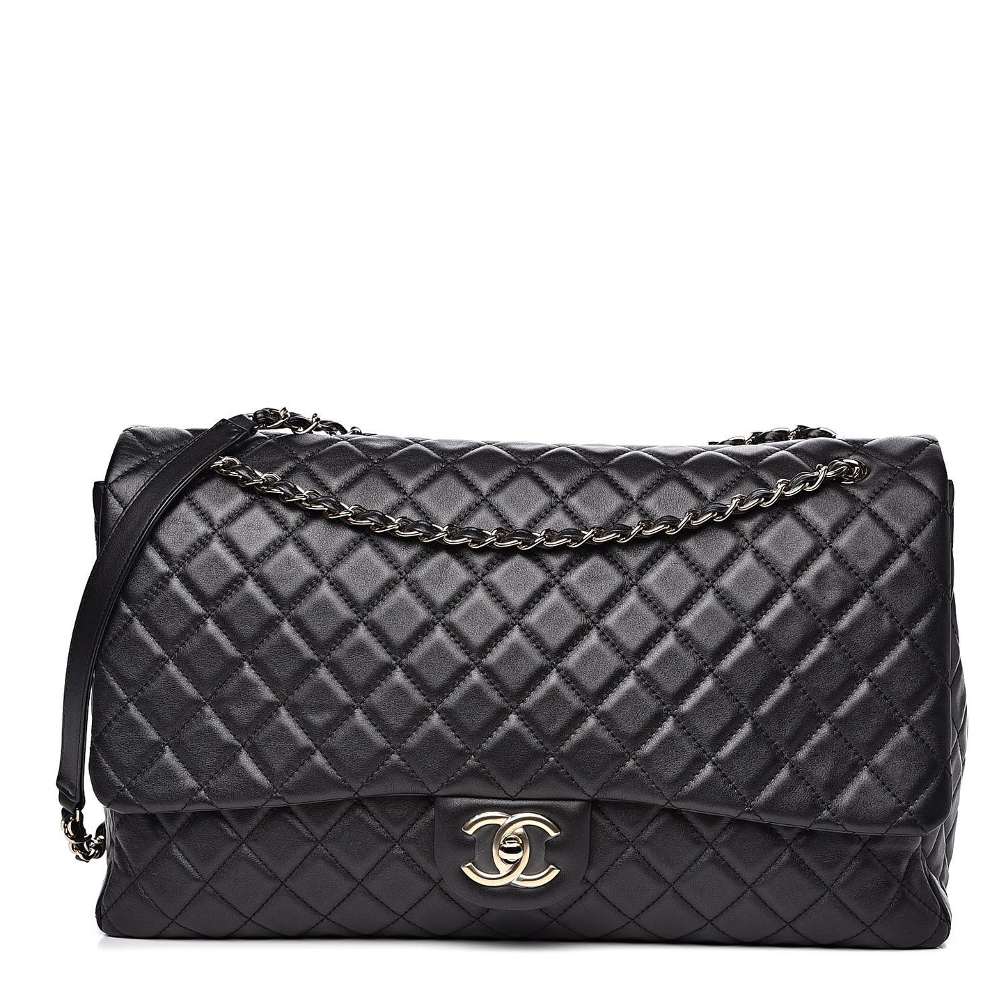 Metallized Calfskin Quilted XXL Travel Flap Bag Black