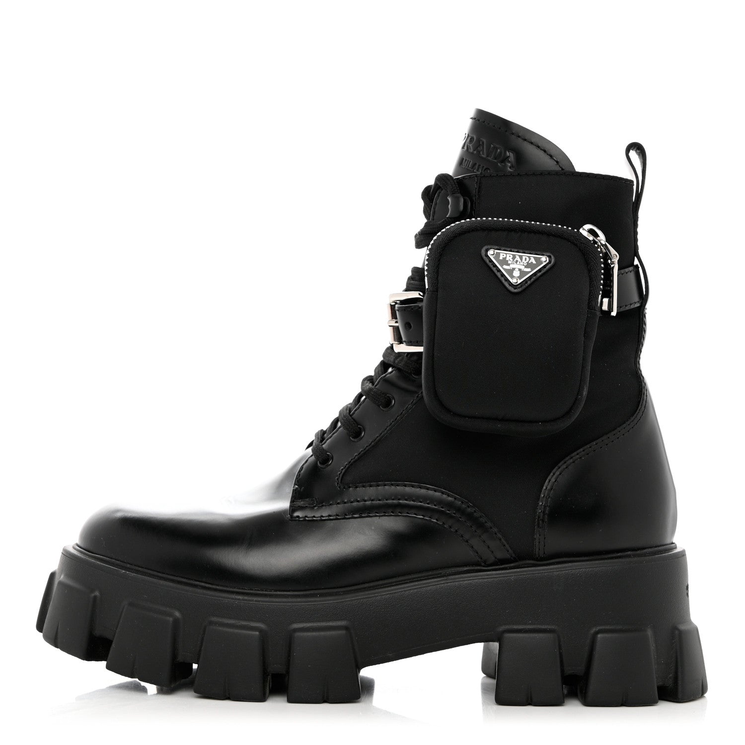 Prada Spazzolato Rois Re-Nylon Metal Triangle Logo Monolith Pouch Pocket 55mm Boots 39.5 Black 1 of 9