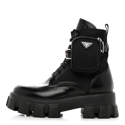Prada Spazzolato Rois Re-Nylon Metal Triangle Logo Monolith Pouch Pocket 55mm Boots 39.5 Black 1 of 9