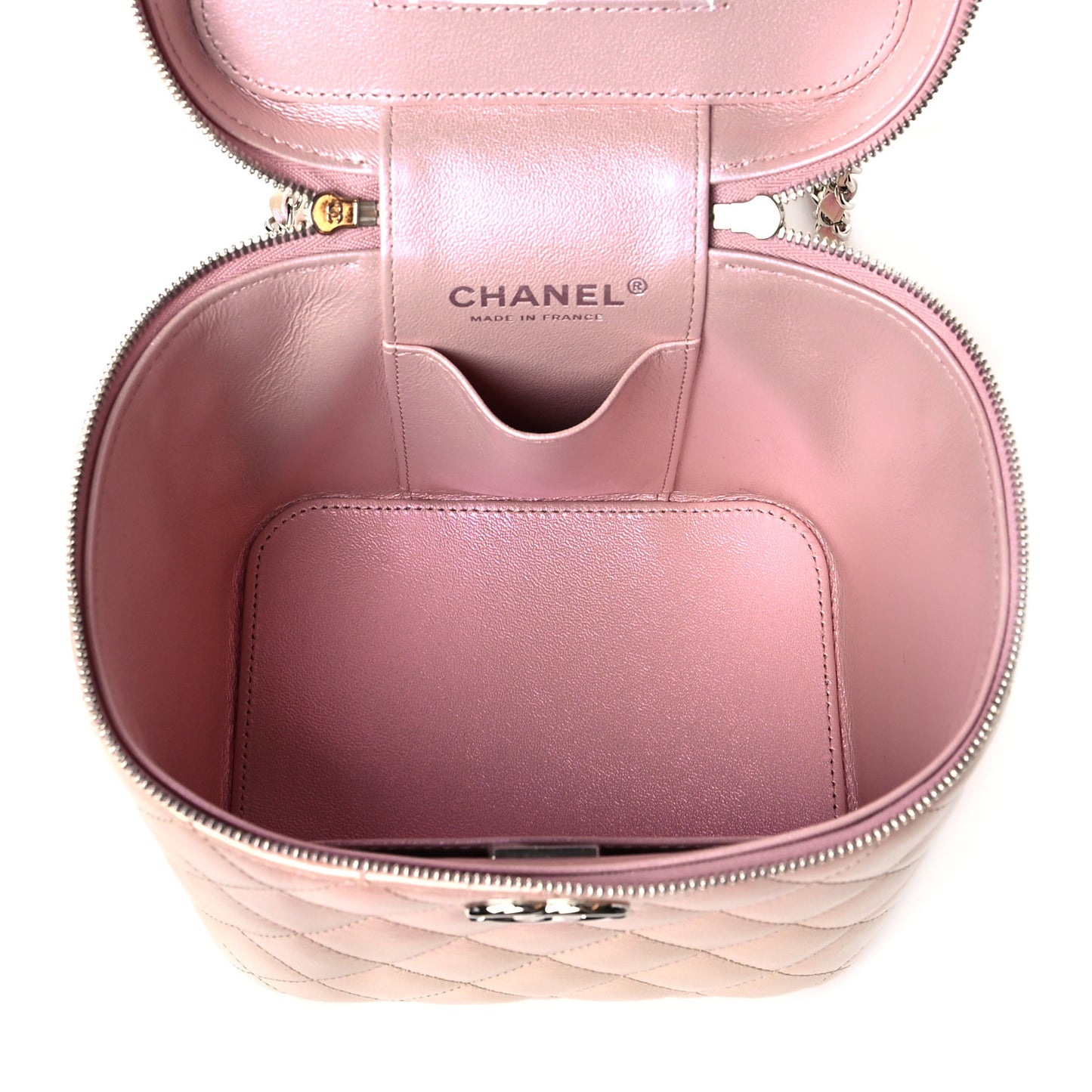 Iridescent Calfskin Quilted Small Top Handle Vanity Case With Chain Pink