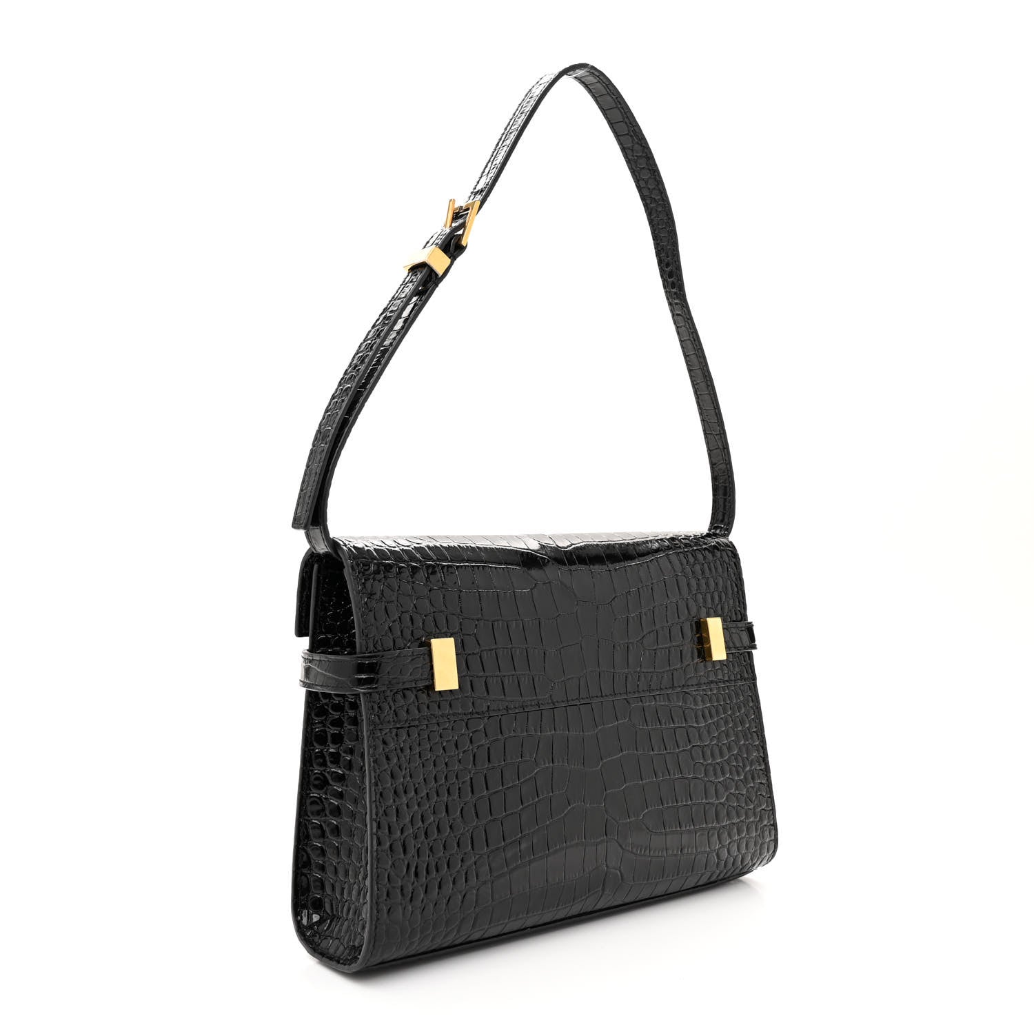 Saint Laurent Shiny Calfskin Crocodile Embossed Small Manhattan Baguette Black 3 of 10