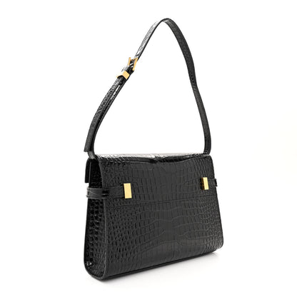 Saint Laurent Shiny Calfskin Crocodile Embossed Small Manhattan Baguette Black 3 of 10
