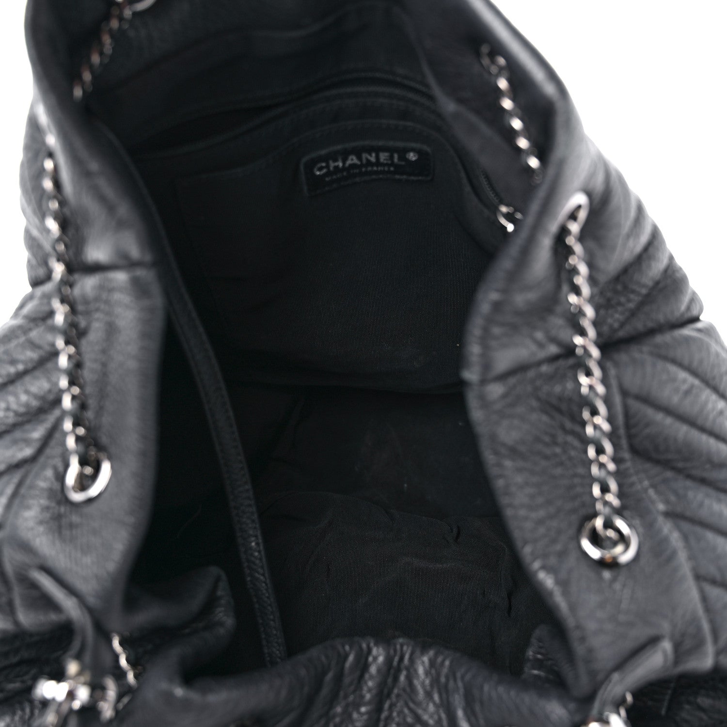 Chanel Deerskin Chevron Large CC Chain Bucket Drawstring Bag Black 5 of 17