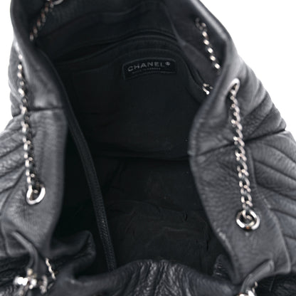 Chanel Deerskin Chevron Large CC Chain Bucket Drawstring Bag Black 5 of 17