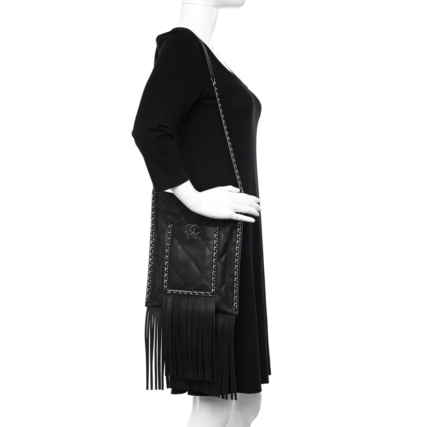 Calfskin Quilted Fringe Small Shopping Bag Black
