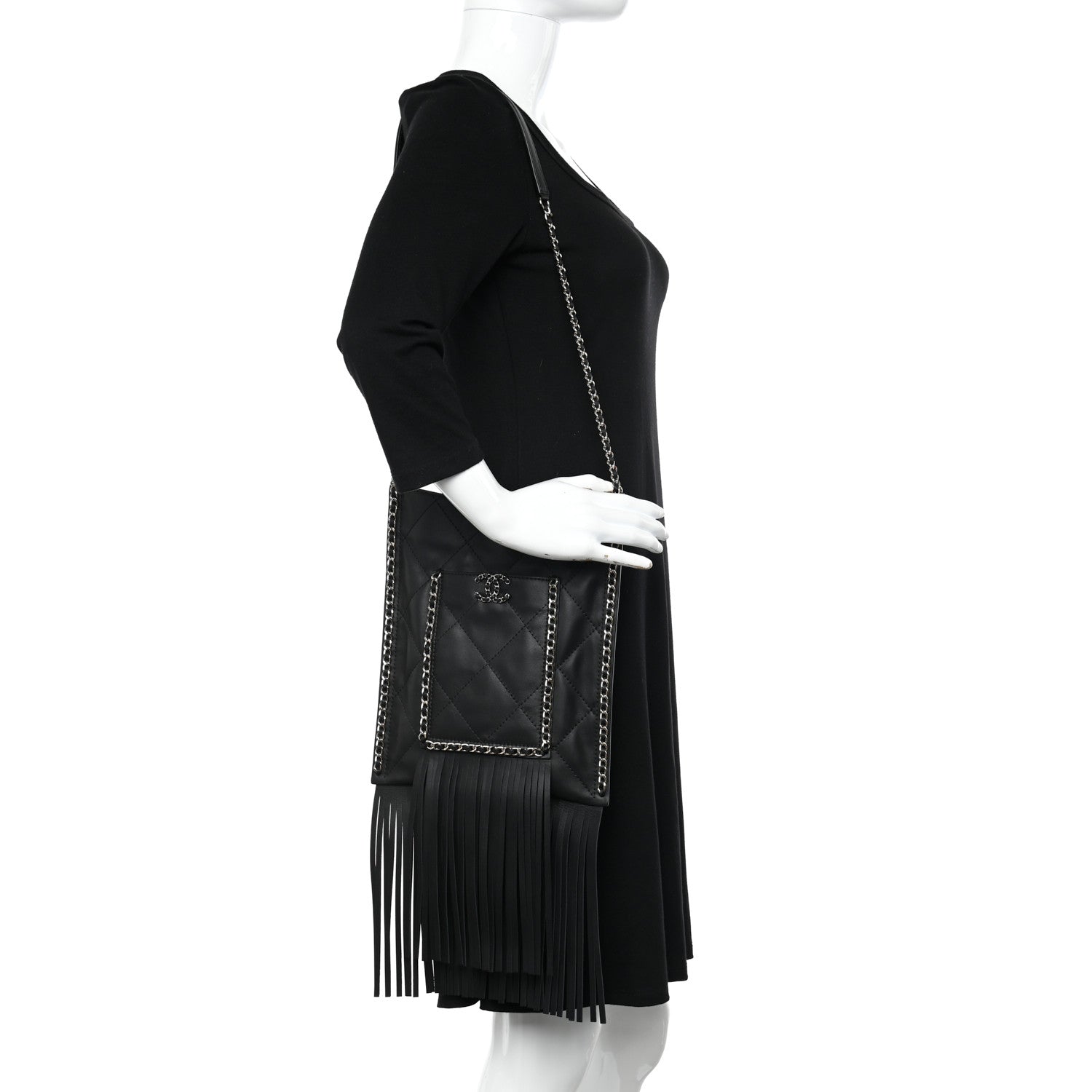 Chanel Calfskin Quilted Fringe Small Shopping Bag Black 2 of 10