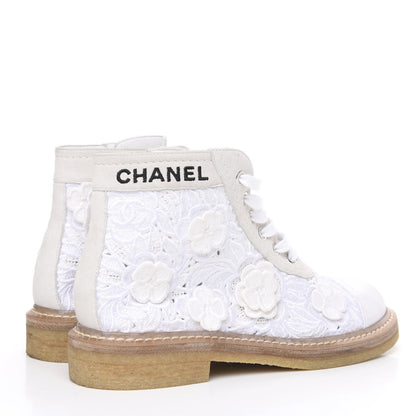 Chanel Embroidered Flower Calfskin Lace Up Boots 36 White 4 of 8