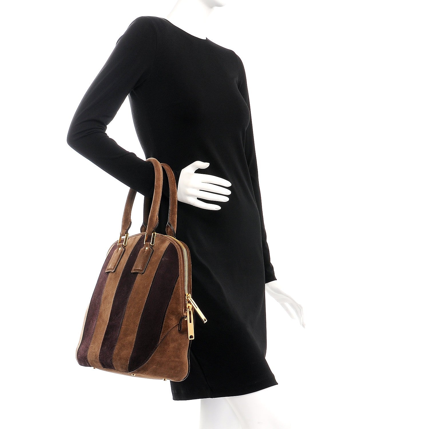 Burberry Suede Striped Medium Orchard Bowling Bag Fawn Brown Plum 2 of 8