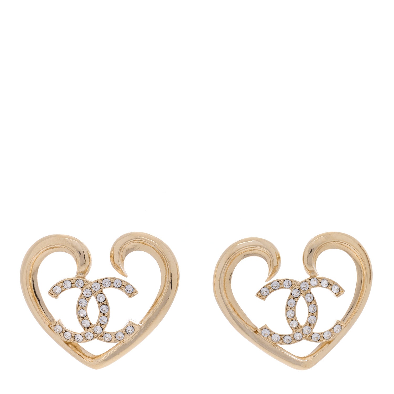 Chanel Metal Crystal CC Logo Open Heart Earrings Gold 1 of 4