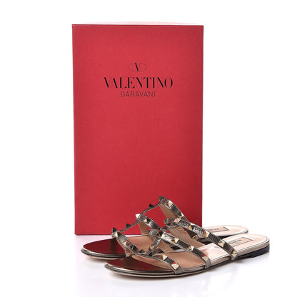 Valentino Garavani Metallic Pebbled Calfskin Rockstud Caged Flat Slide Sandals 38.5 Sasso 10 of 10