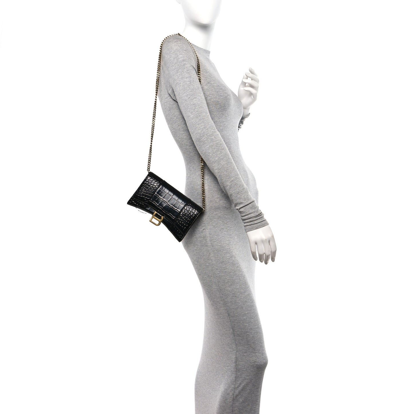 Shiny Calfskin Crocodile Embossed Hourglass Chain Bag Black