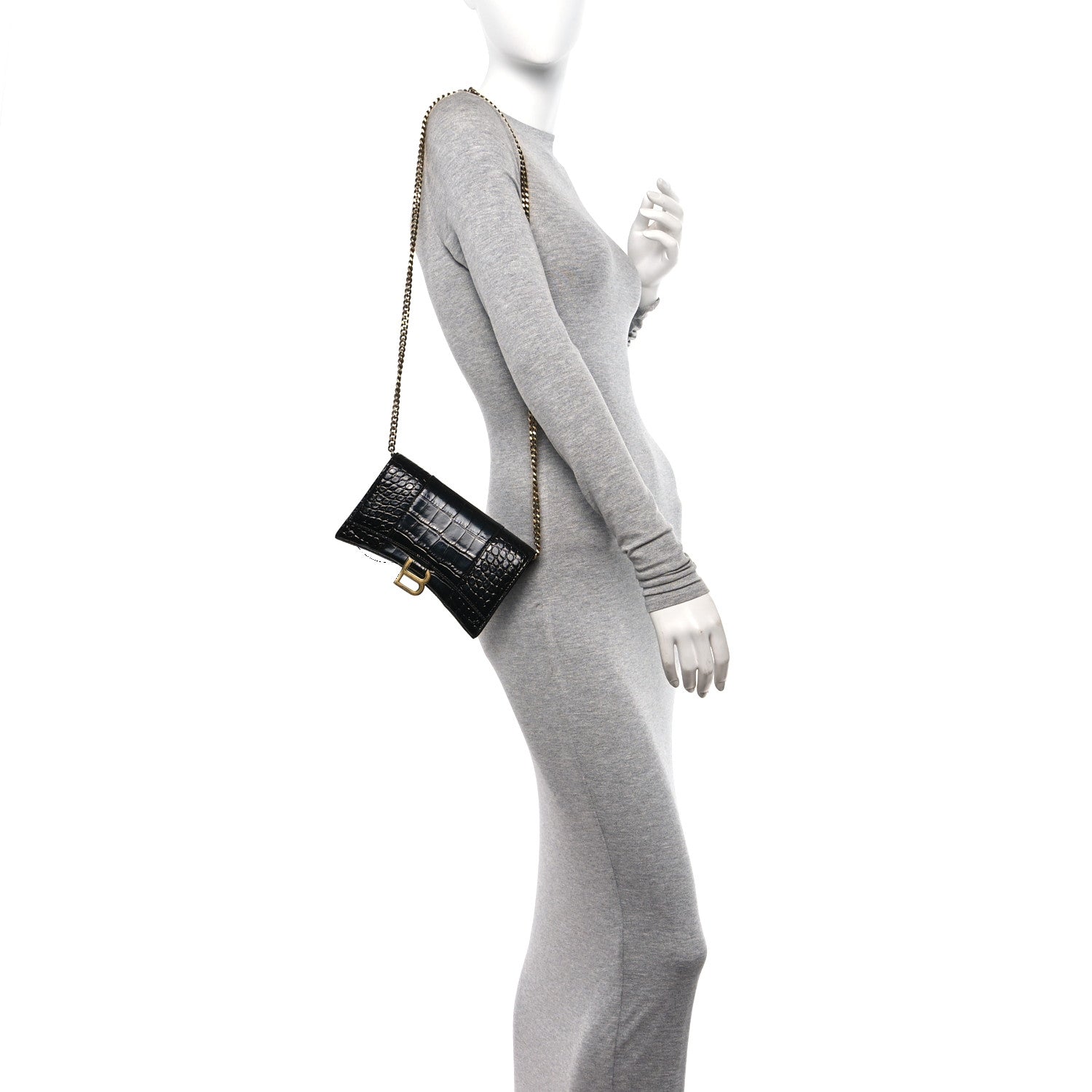 Balenciaga Shiny Calfskin Crocodile Embossed Hourglass Chain Bag Black 2 of 10