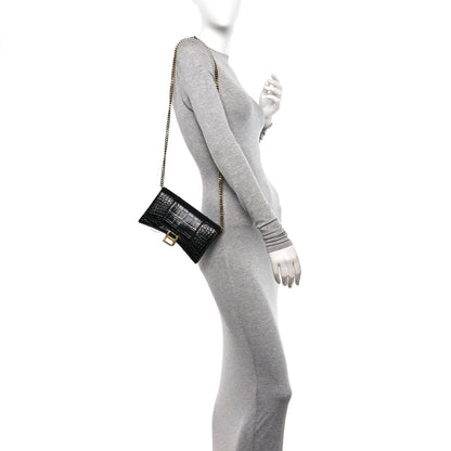 Balenciaga Shiny Calfskin Crocodile Embossed Hourglass Chain Bag Black 2 of 10