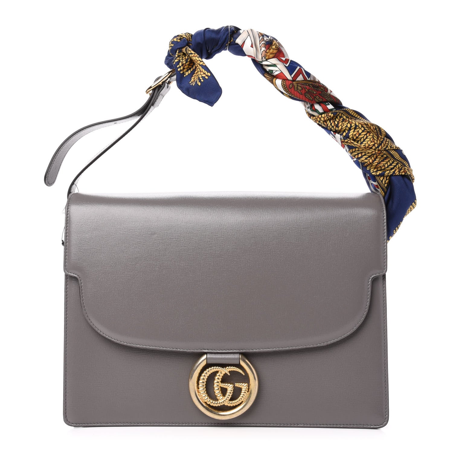 Gucci Textured Calfskin Silk Scarf Medium Torchon GG Ring Shoulder Bag Grey 1 of 11