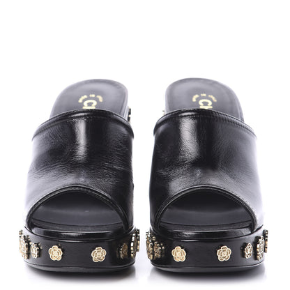 Chanel Crumpled Calfskin Camellia Wedge Mules 39 Black 2 of 9