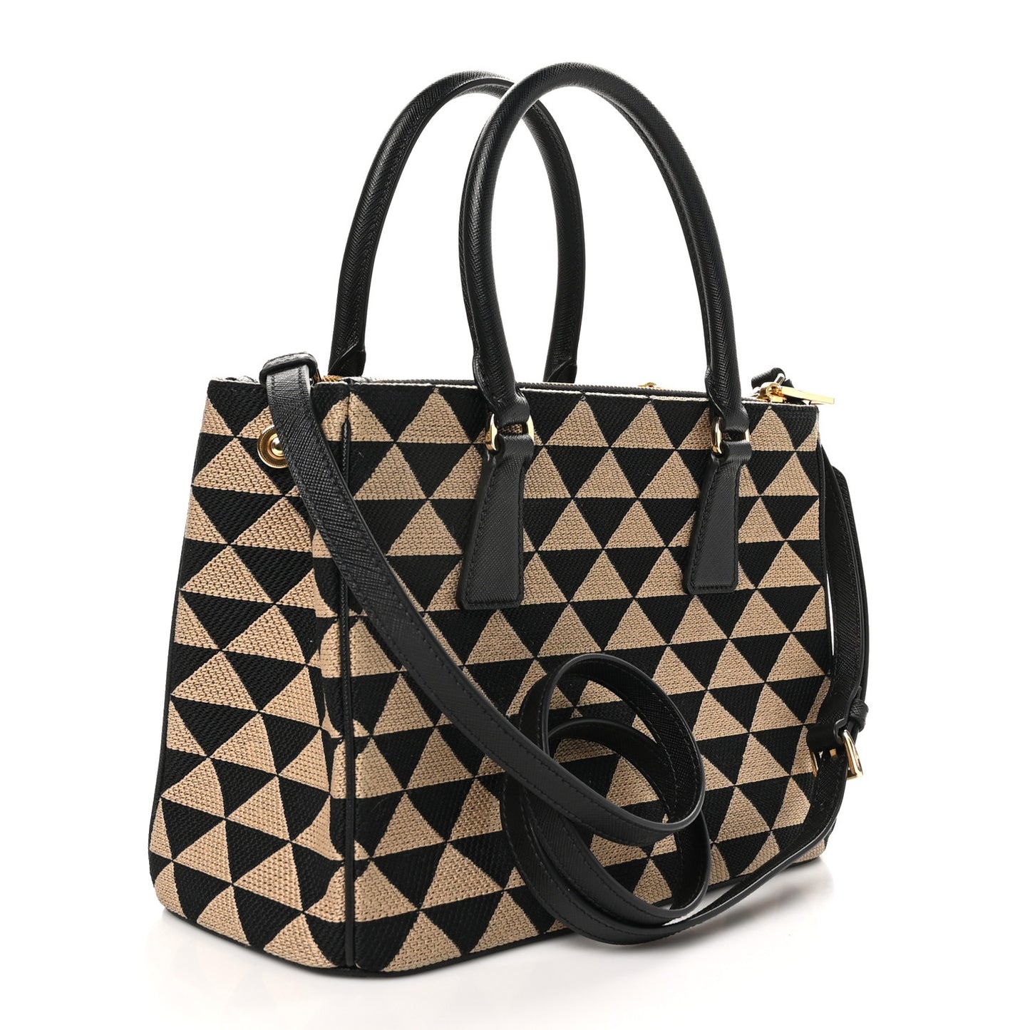 Jacquard Saffiano Triangolo Symbole Embroidered Small Galleria Double Zip Tote Black Corda
