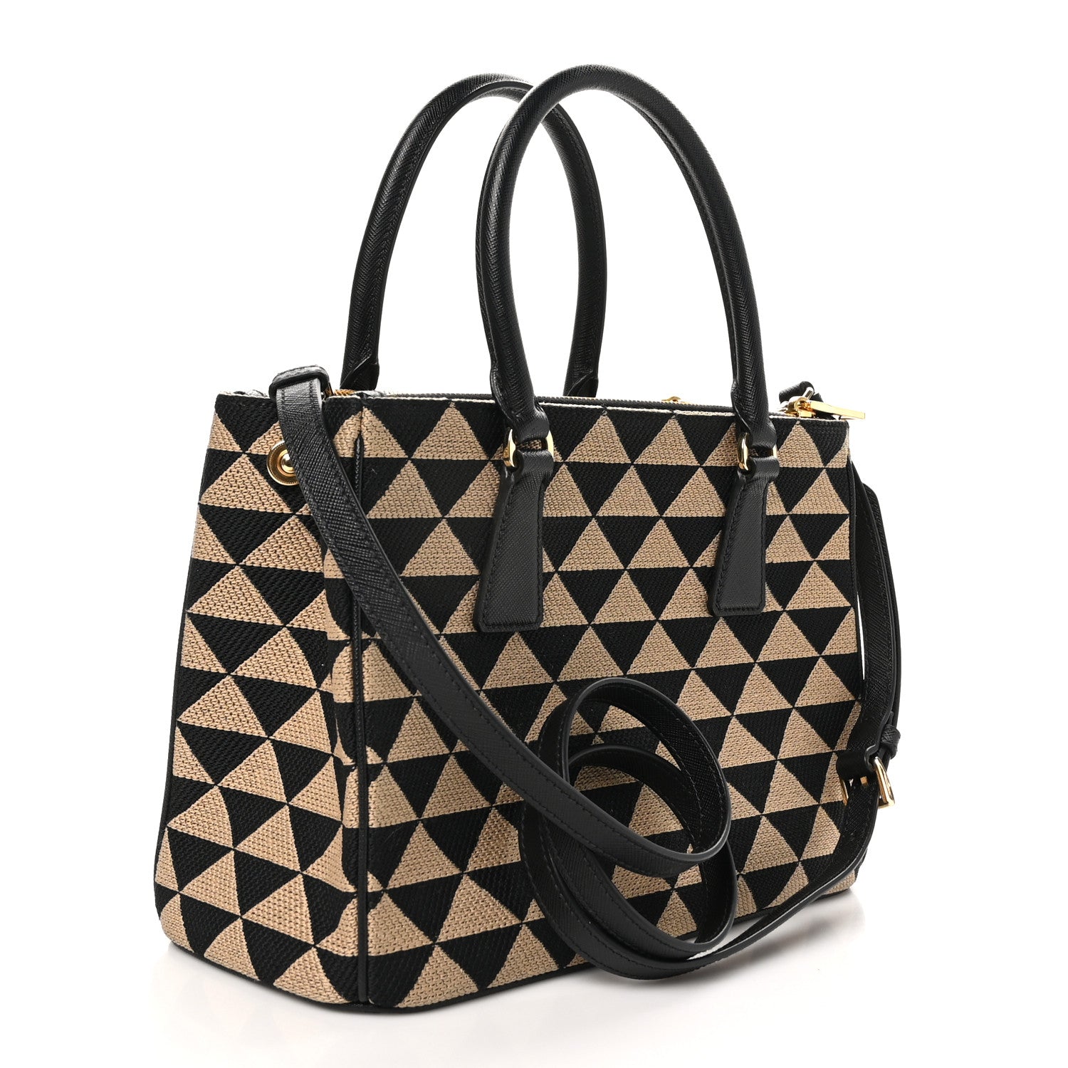 Prada Jacquard Saffiano Triangolo Symbole Embroidered Small Galleria Double Zip Tote Black Corda 3 of 10