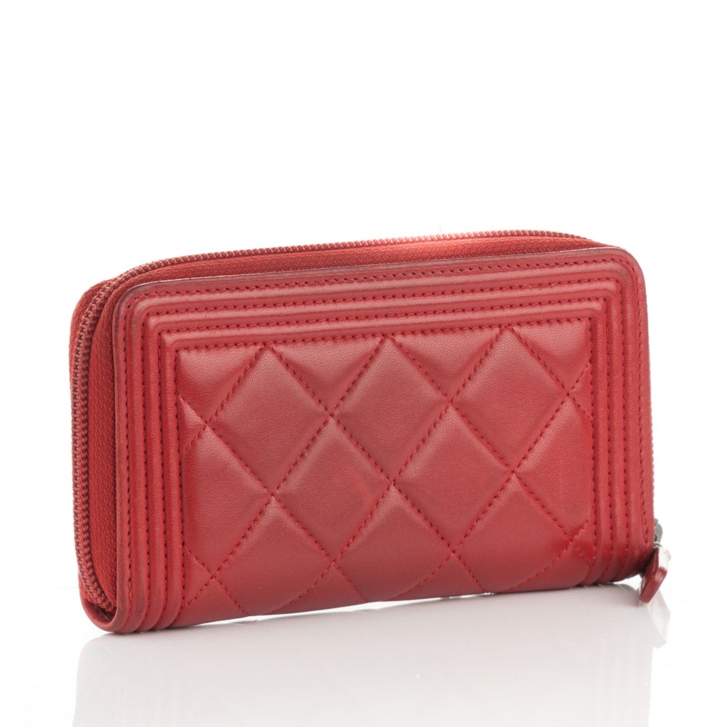 Lambskin Quilted Small Boy Zip Around Wallet Red