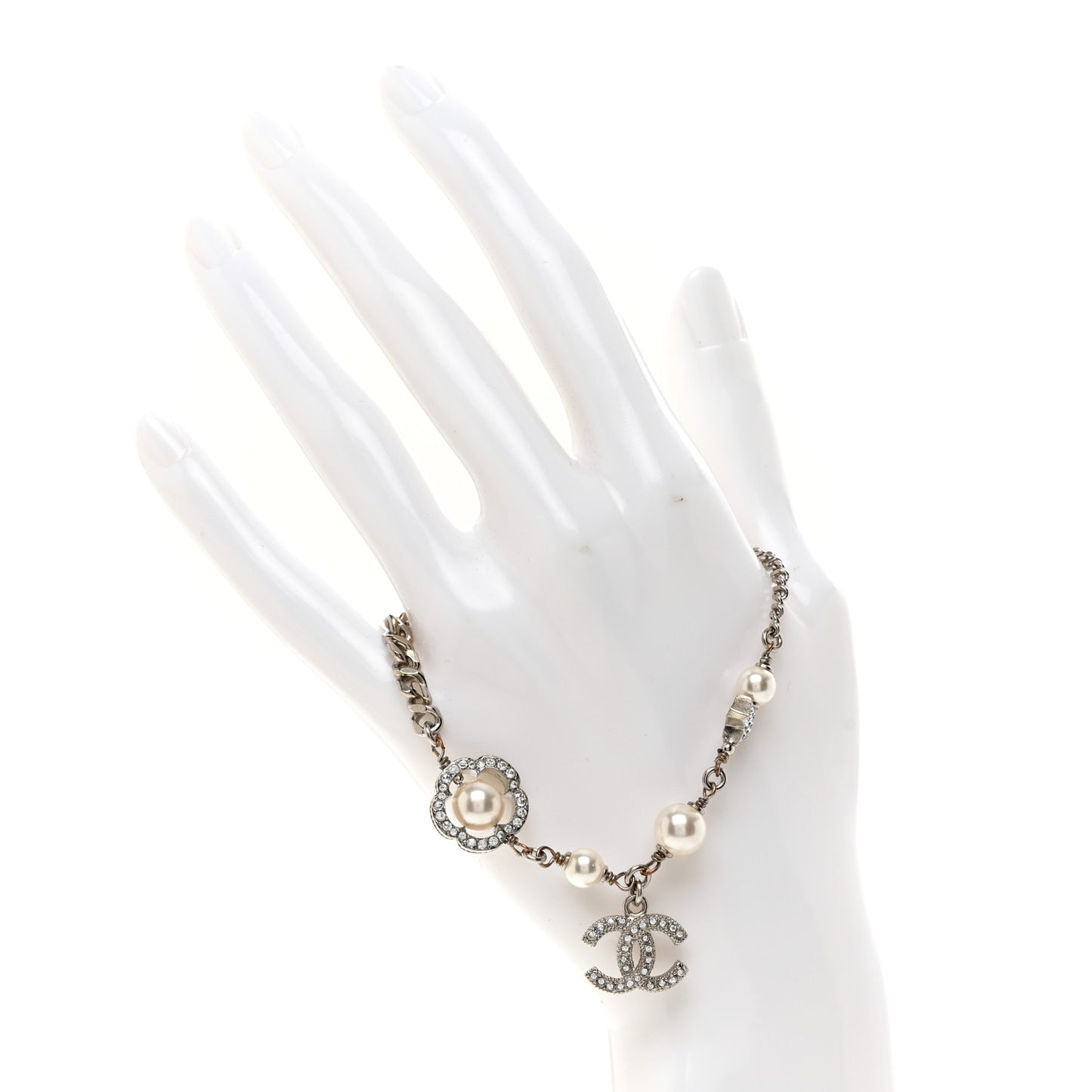 Crystal Pearl Camellia CC Coco Flapper Bracelet Silver