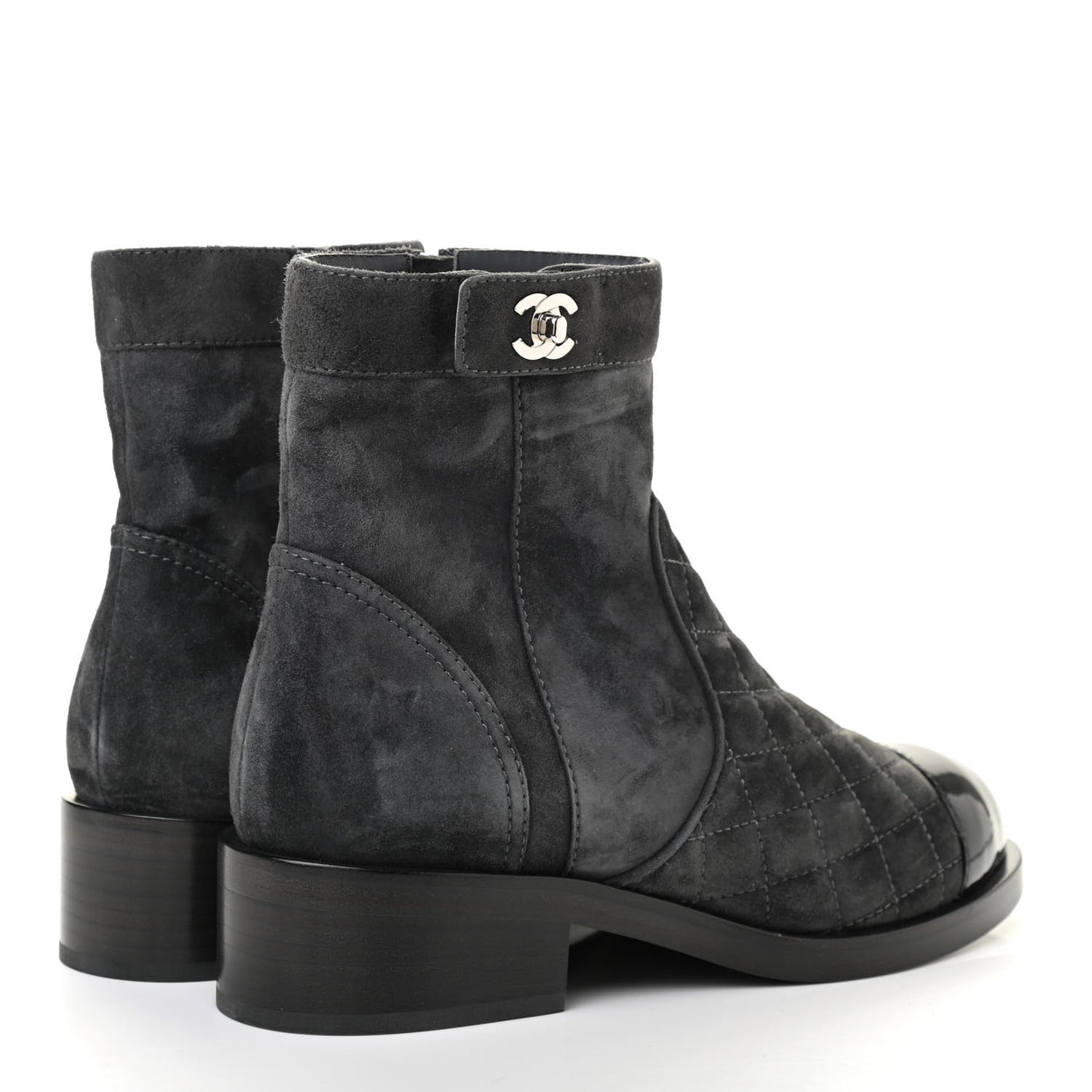 Suede Patent Calfskin Quilted Cap Toe Short Boots 37 Gray Black