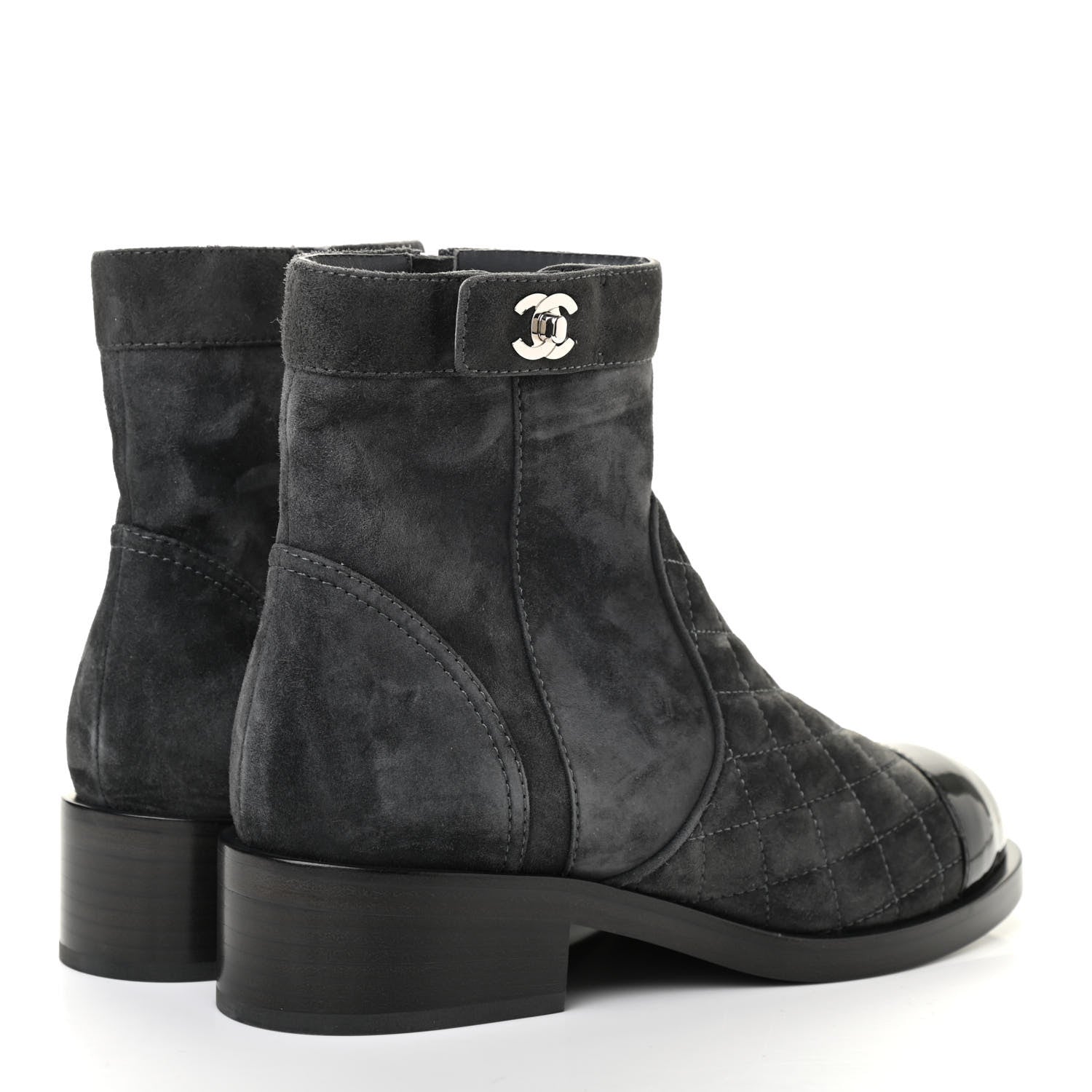 Chanel Suede Patent Calfskin Quilted Cap Toe Short Boots 37 Gray Black 4 of 8