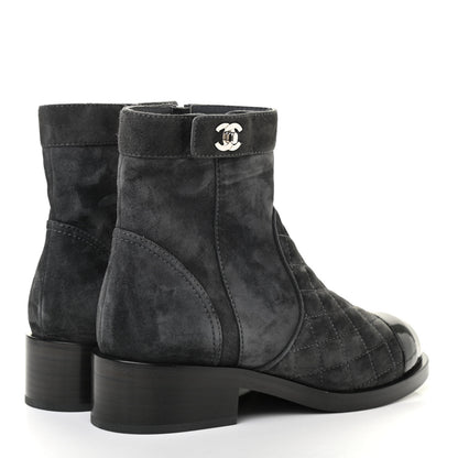 Chanel Suede Patent Calfskin Quilted Cap Toe Short Boots 37 Gray Black 4 of 8