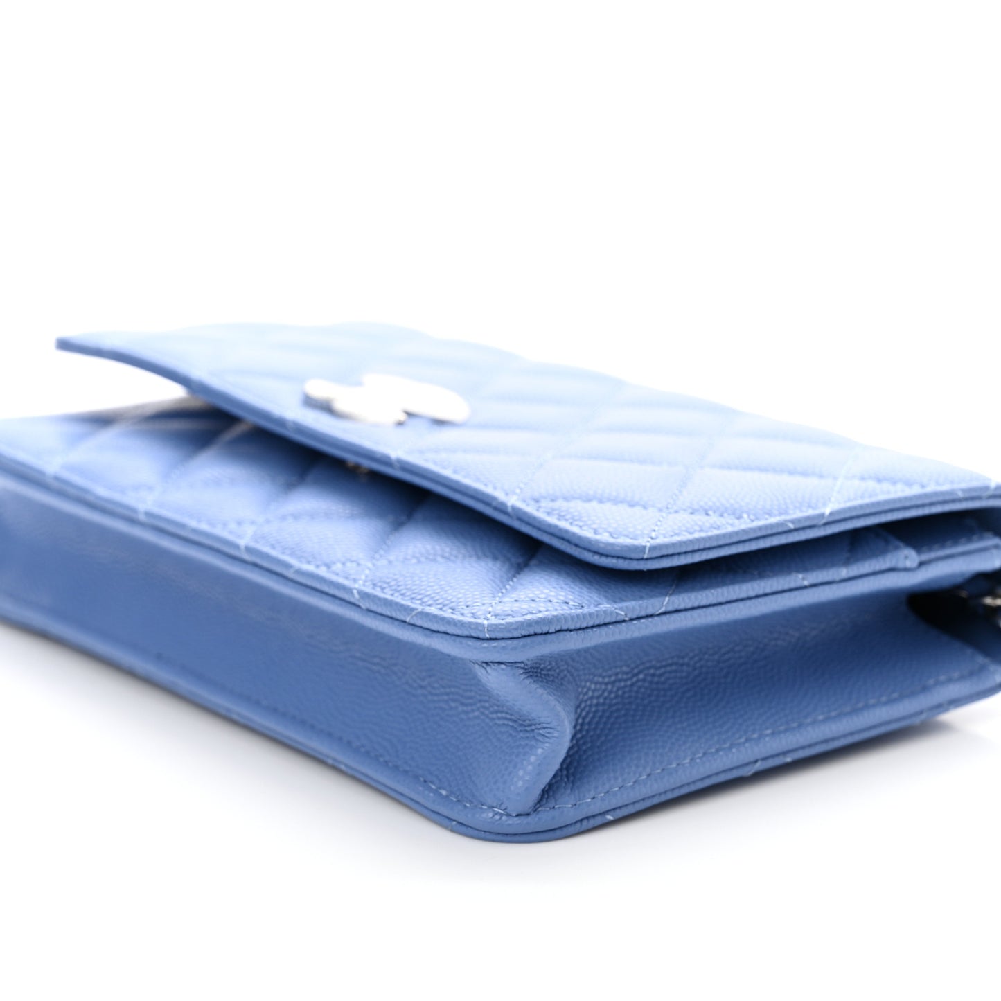 Caviar Quilted Ribbed Metal Wallet on Chain WOC Blue