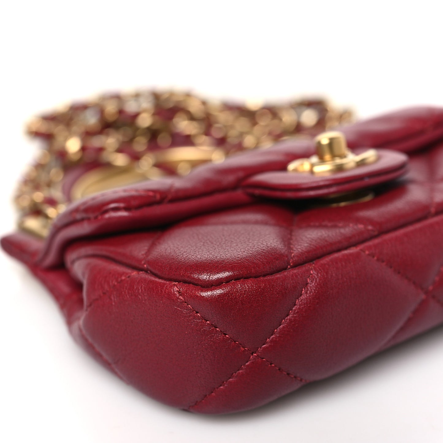 Calfskin Quilted Lady Handle Flap Card Holder With Chain Red