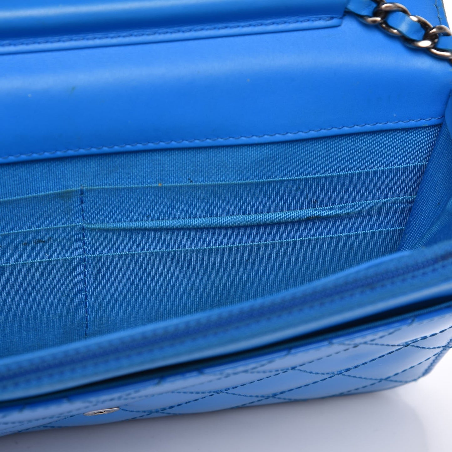 Patent Calfskin Quilted Boy Wallet On Chain WOC Blue