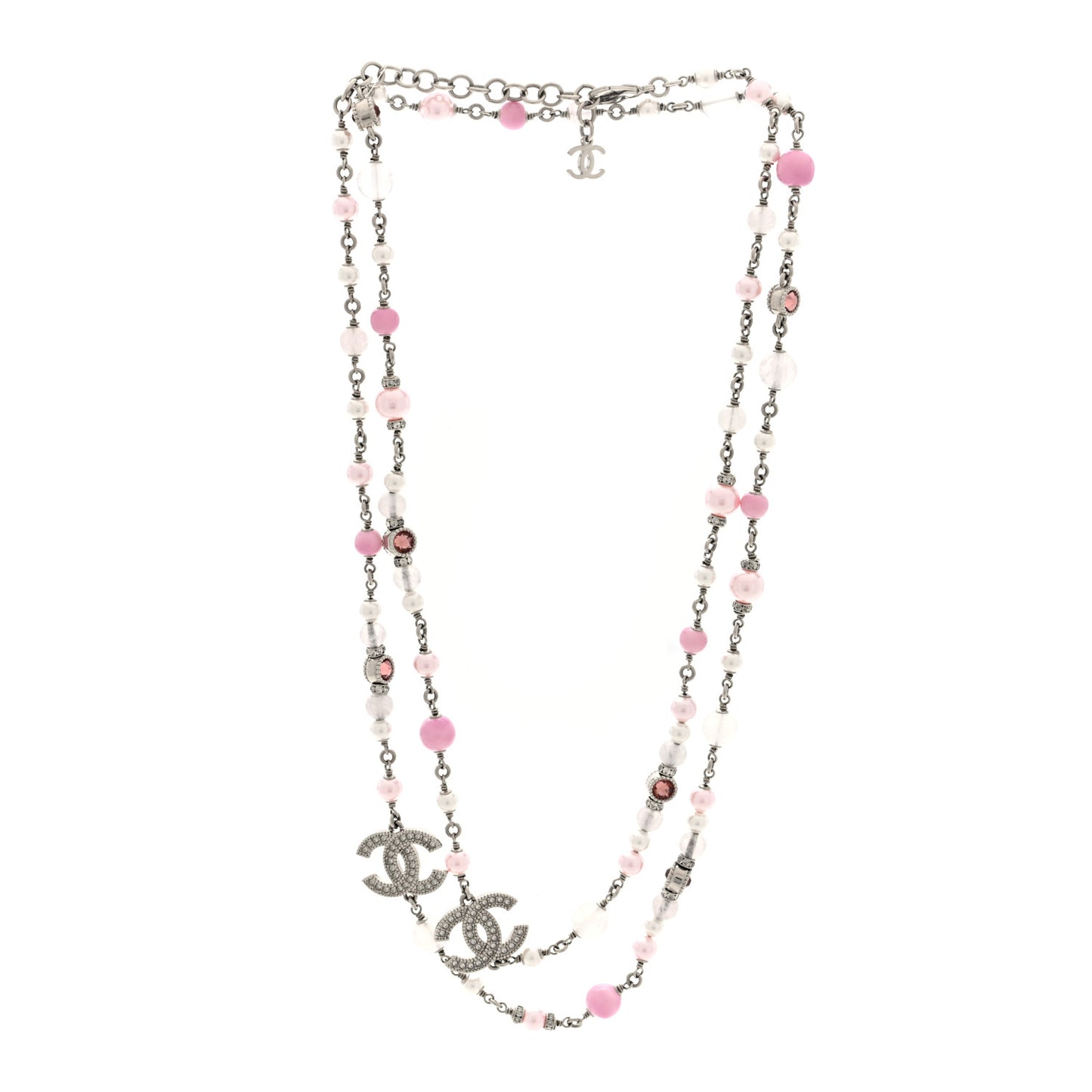 Pearl Crystal Beaded Crystal CC Long Necklace  Silver Pearly White Pink
