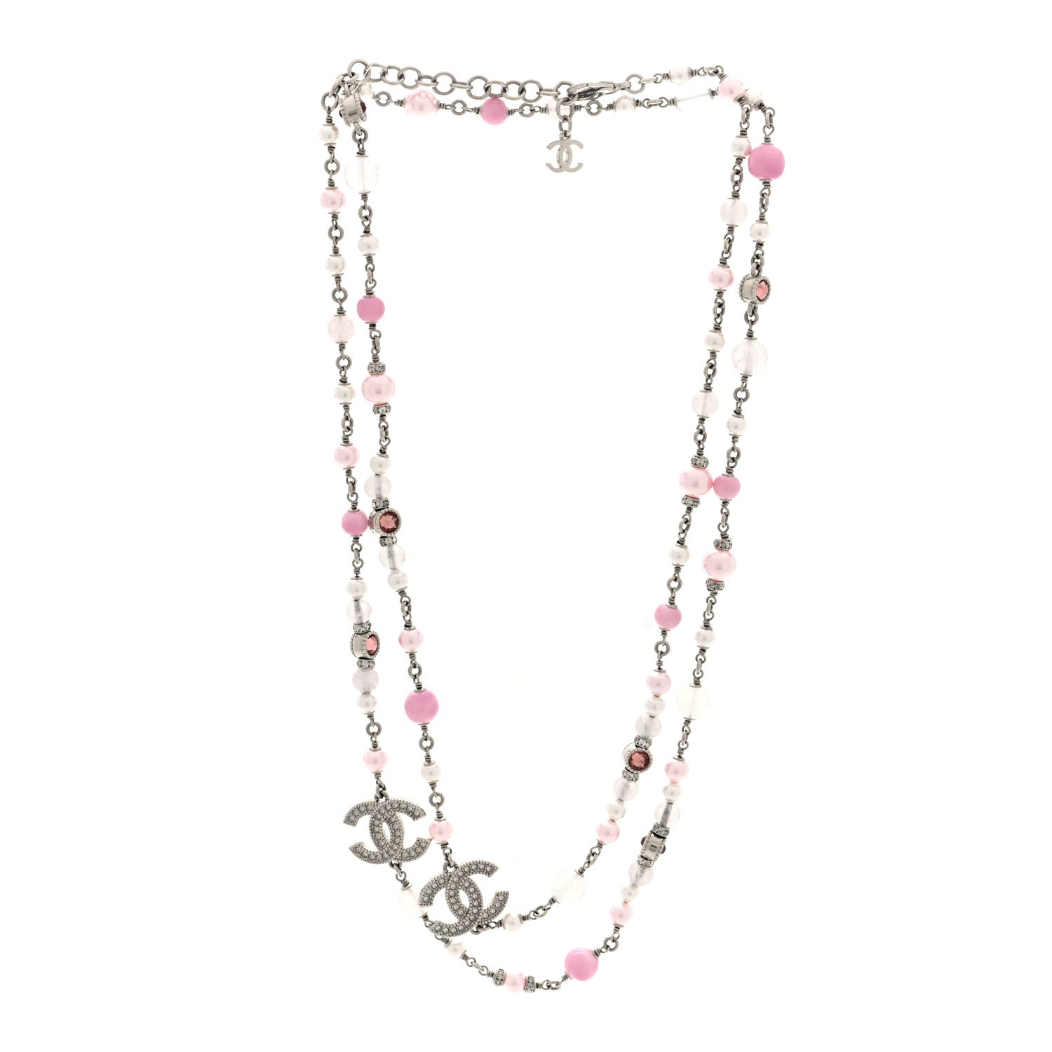 Chanel Pearl Crystal Beaded Crystal CC Long Necklace  Silver Pearly White Pink 3 of 4