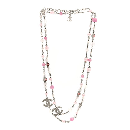 Chanel Pearl Crystal Beaded Crystal CC Long Necklace  Silver Pearly White Pink 3 of 4