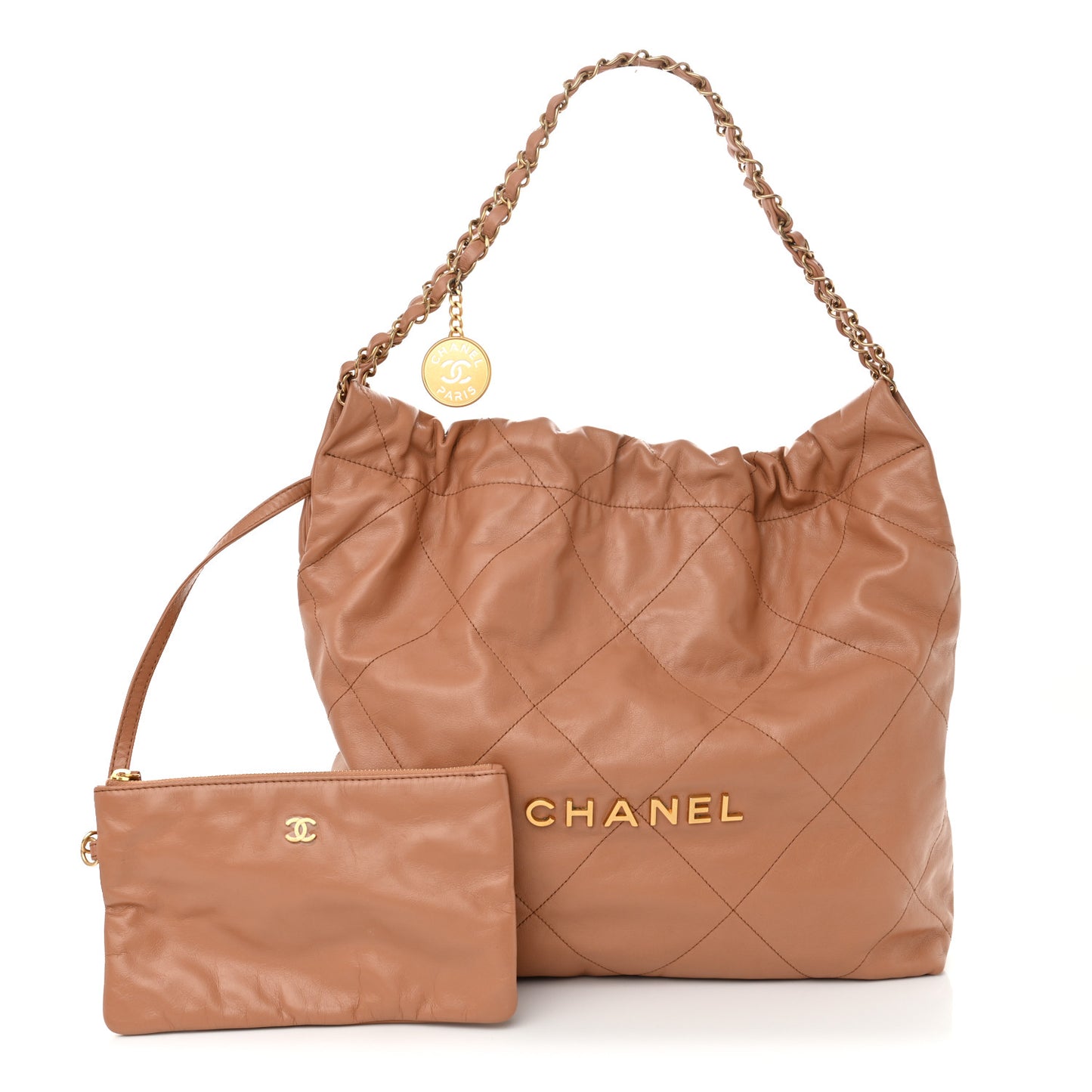 Shiny Calfskin Quilted Chanel 22 Camel
