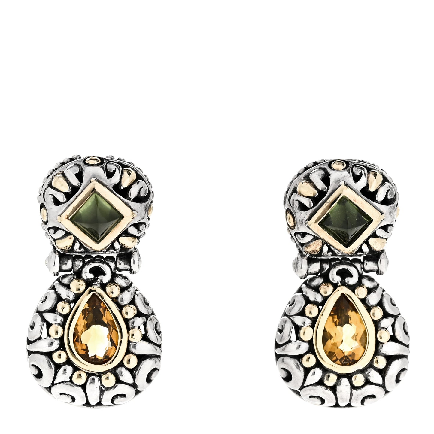 Sterling Silver 18K Yellow Gold Peridot Citrine Batu Sari Drop Earrings