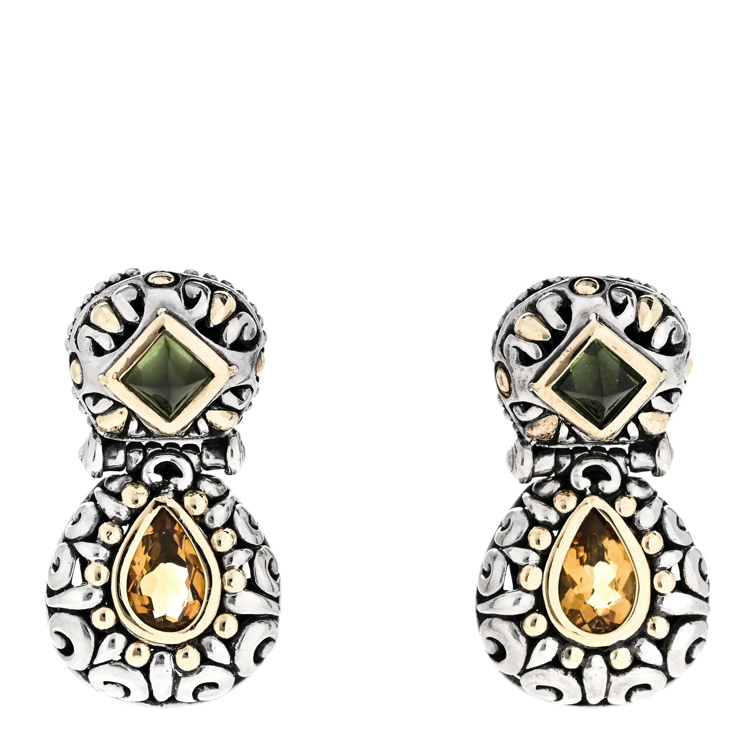 John Hardy Sterling Silver 18K Yellow Gold Peridot Citrine Batu Sari Drop Earrings 1 of 5