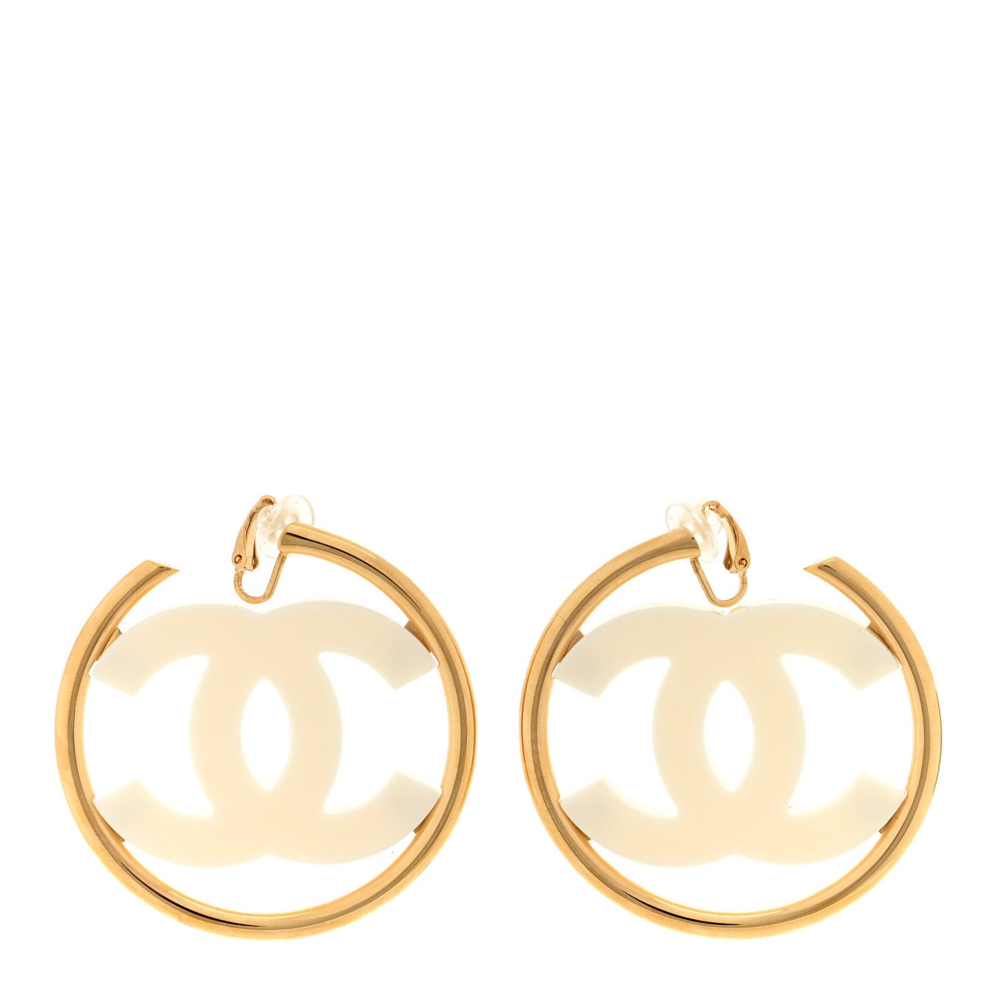 Metal Enamel CC Hoop Clip On Earrings Gold White