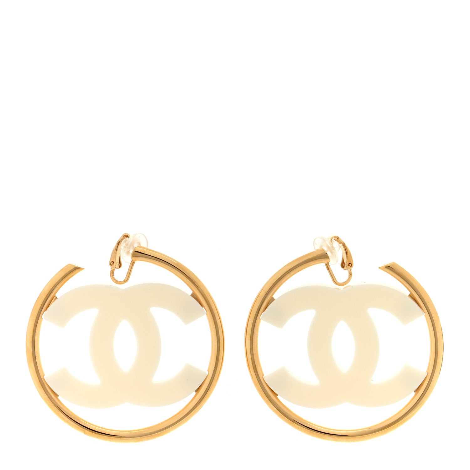 Chanel Metal Enamel CC Hoop Clip On Earrings Gold White 1 of 4
