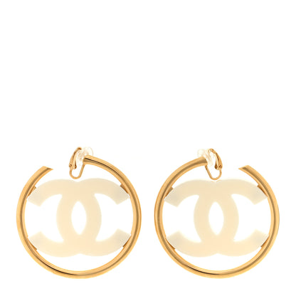 Chanel Metal Enamel CC Hoop Clip On Earrings Gold White 1 of 4