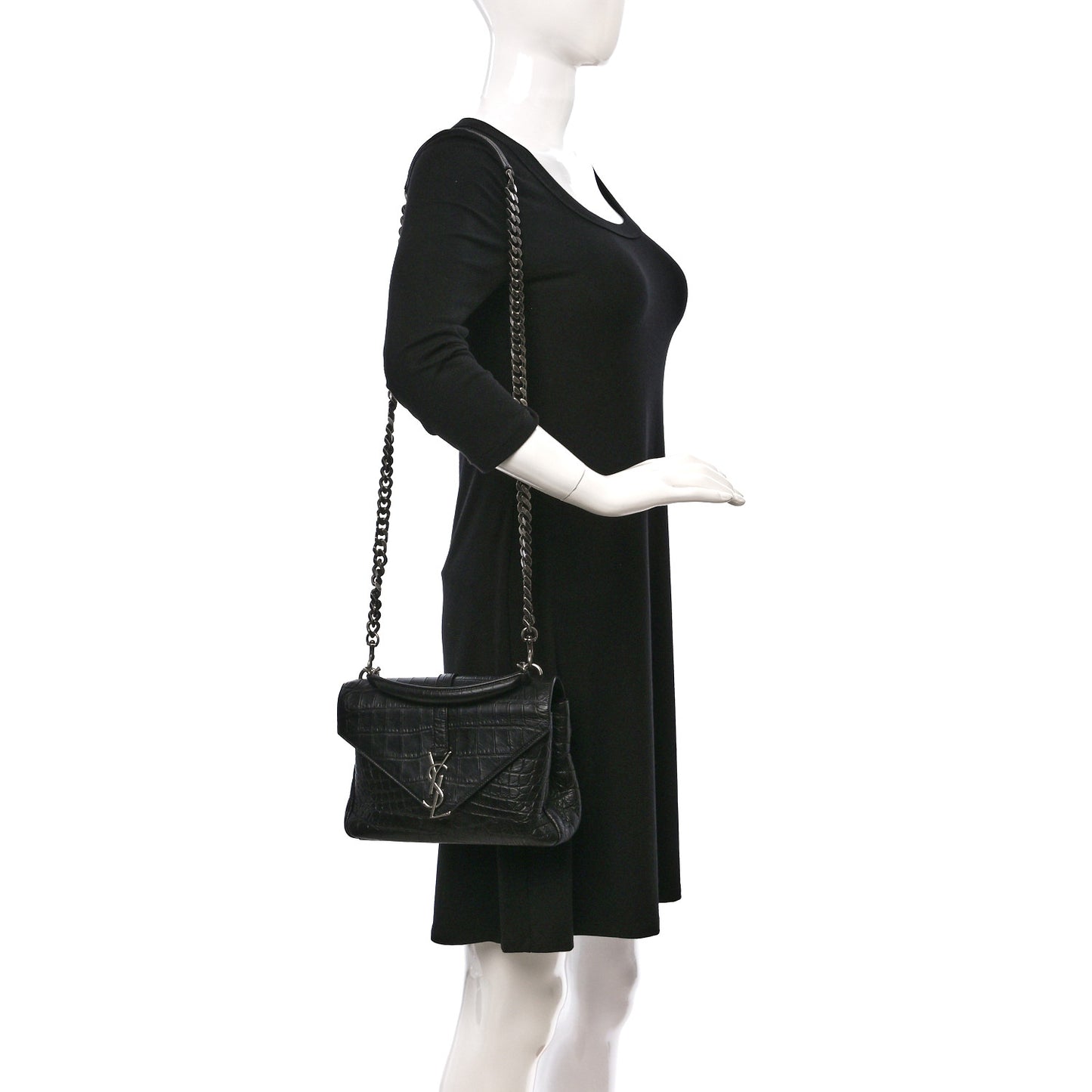 Calfskin Crocodile Embossed College Monogram Satchel Black
