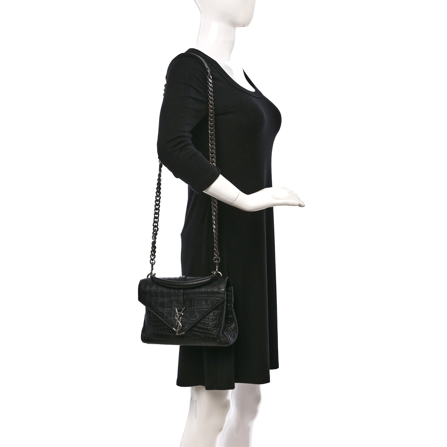 Saint Laurent Calfskin Crocodile Embossed College Monogram Satchel Black 2 of 8