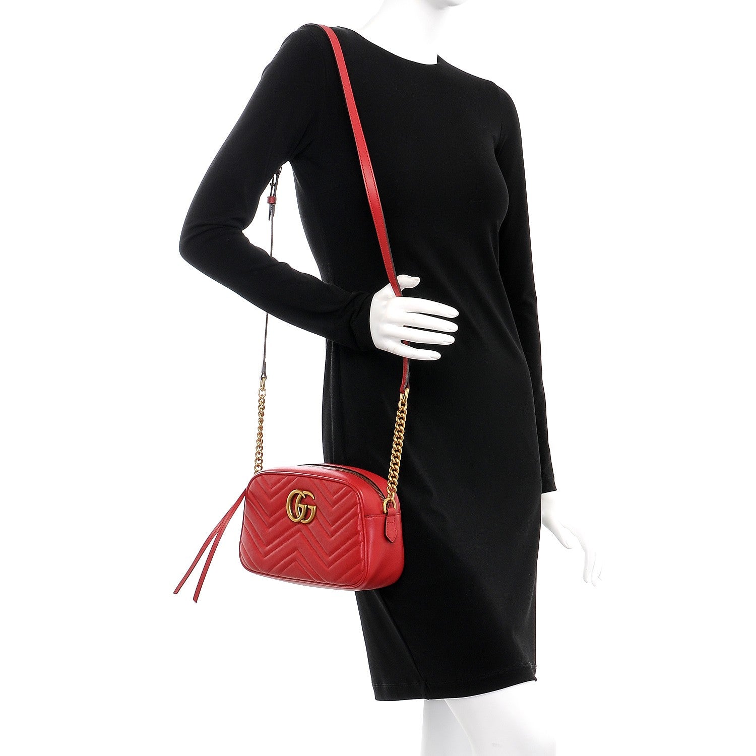 Gucci Calfskin Matelasse Small GG Marmont Chain Shoulder Bag Hibiscus Red 2 of 7