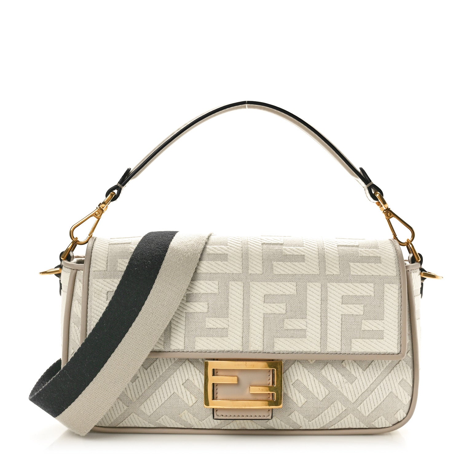 Fendi Canvas Vitello King FF Embroidered Baguette Grezzo White Nuvola 1 of 9