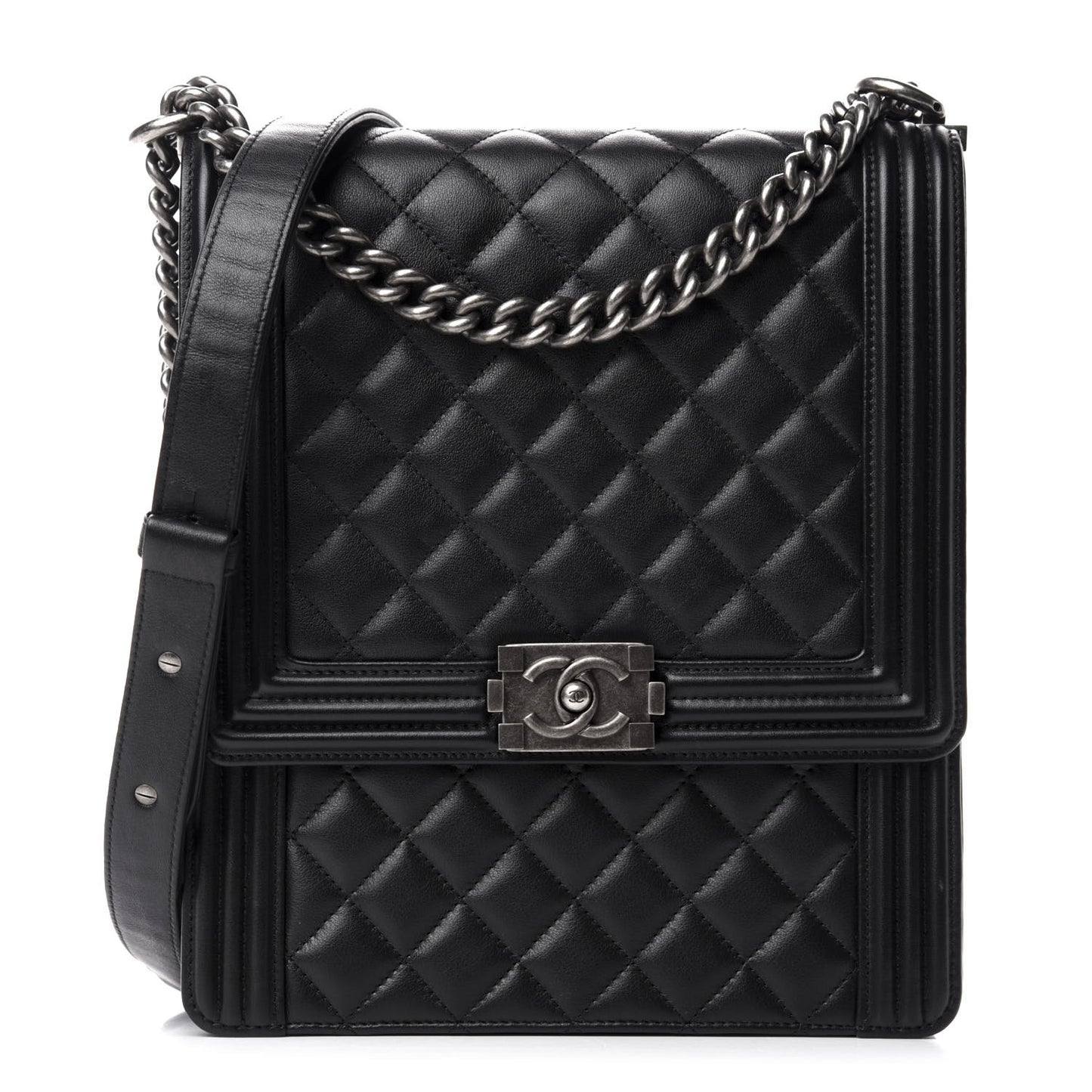 Calfskin Quilted North South Boy Flap Black