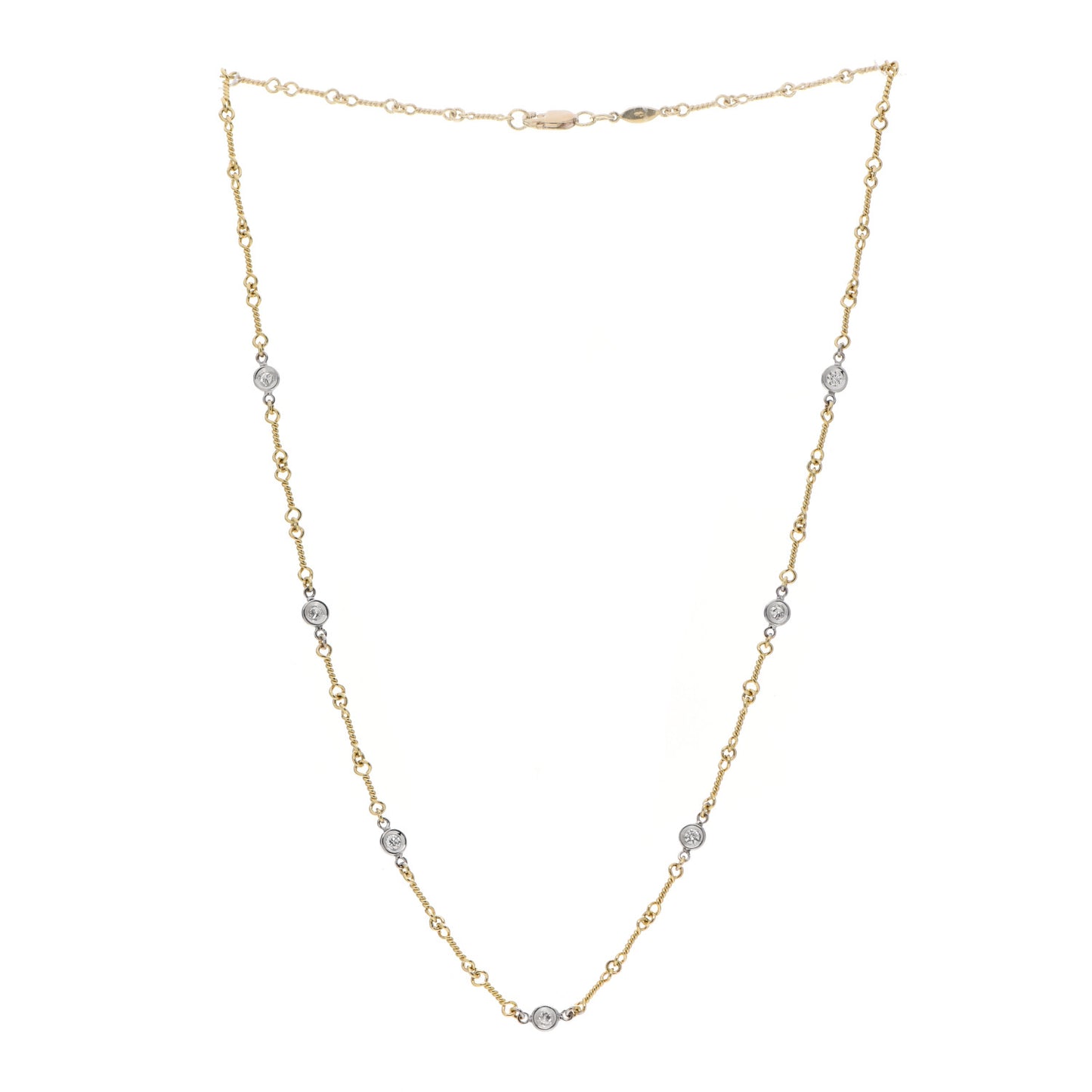 18K Yellow White Gold Diamond By the Inch Seven Station Dog Bone Necklace