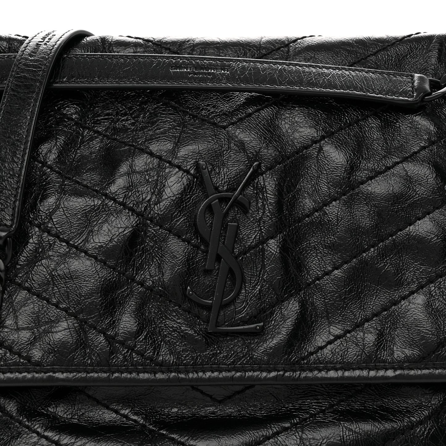 Crinkled Calfskin Matelasse Monogram Medium Niki Chain Satchel Black
