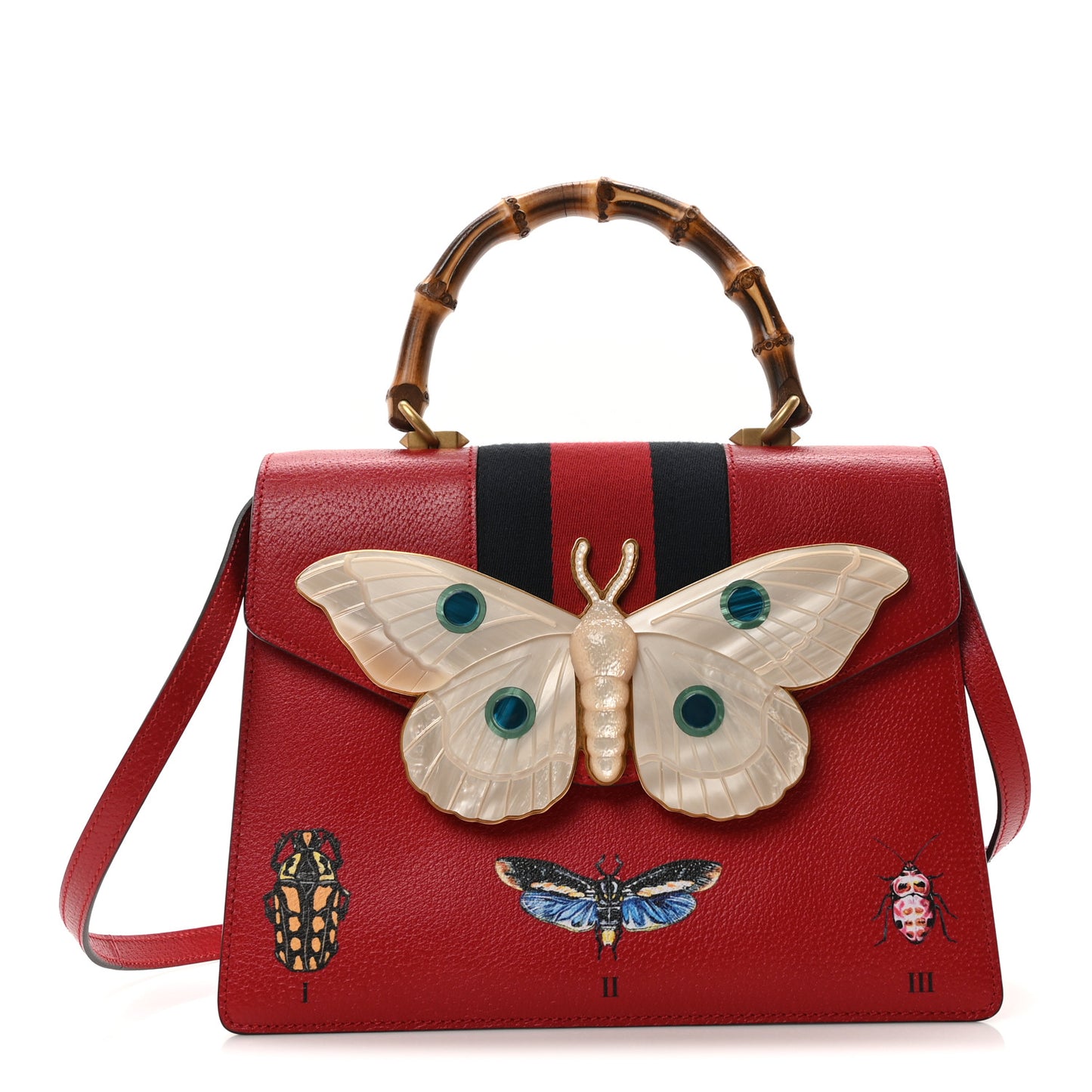 Calfskin Bamboo Web Medium Falena Moth Top Handle Bag Hibiscus Red