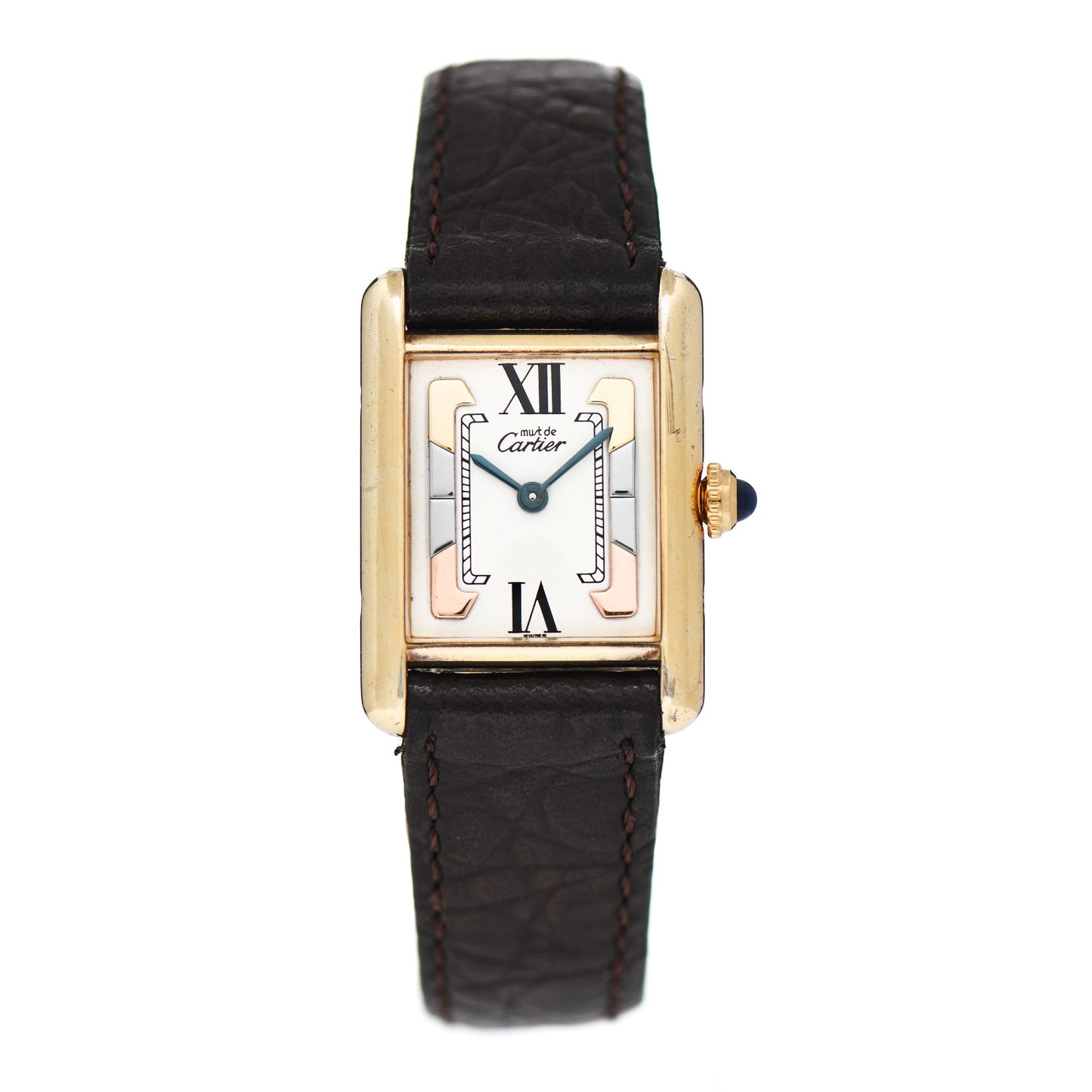 Sterling Silver Vermeil Alligator 20mm Must de Cartier Tank Quartz Watch Brown