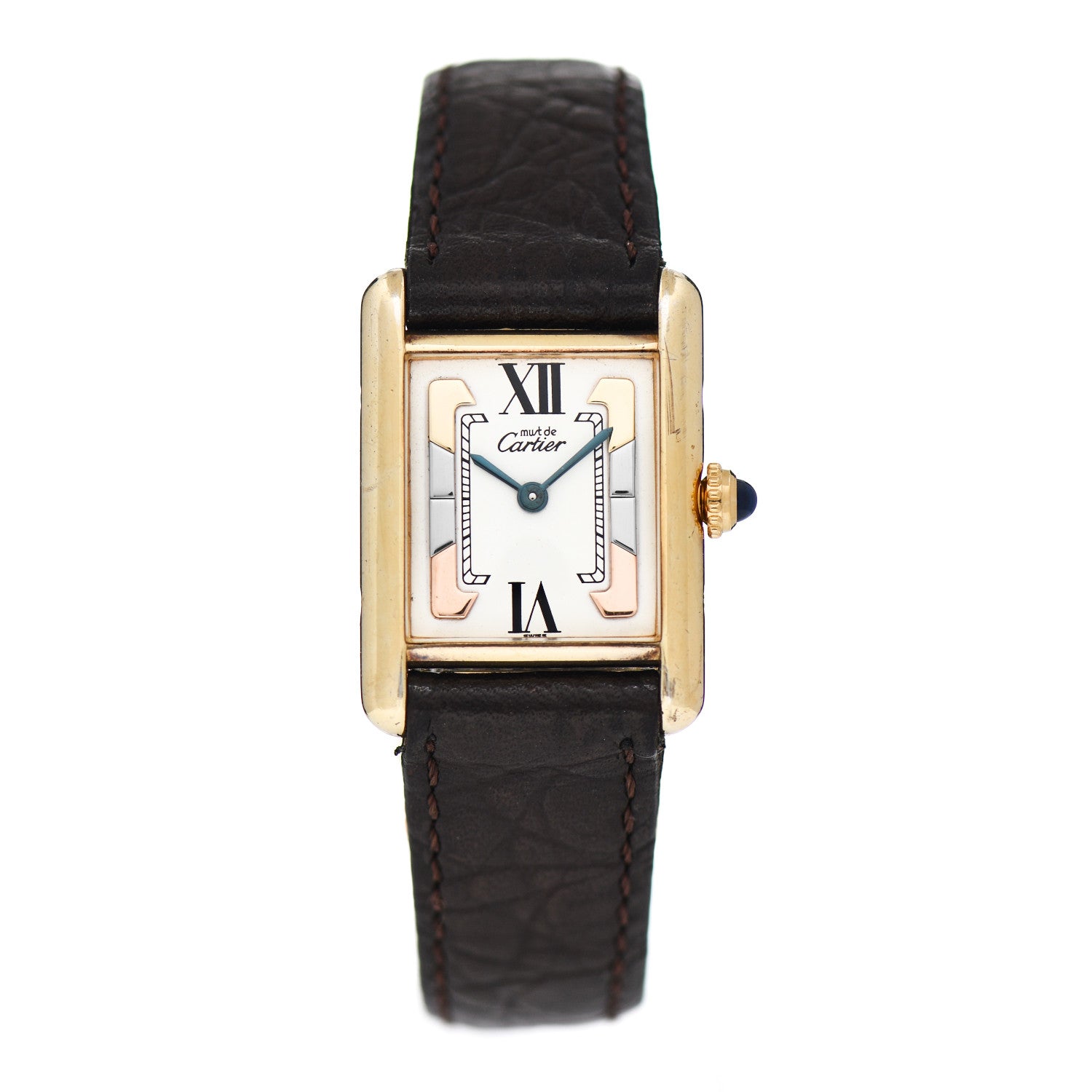 Cartier Sterling Silver Vermeil Alligator 20mm Must de Cartier Tank Quartz Watch Brown 1 of 4