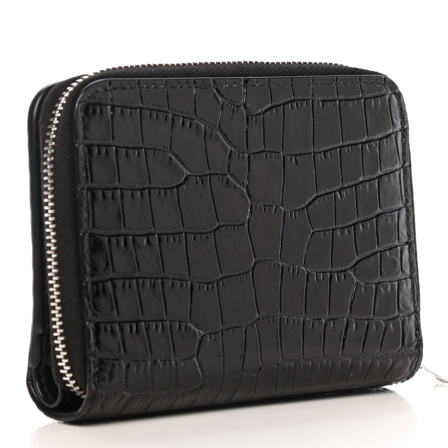 Calfskin Crocodile Embossed Monogram Compact Wallet Black