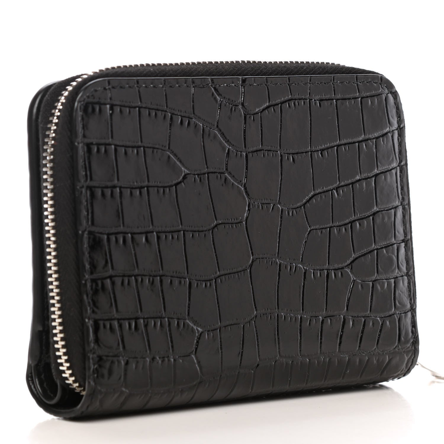 Saint Laurent Calfskin Crocodile Embossed Monogram Compact Wallet Black 3 of 8
